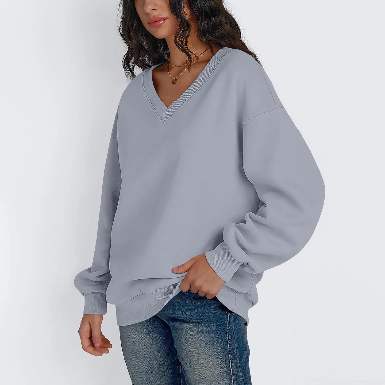 Oversized Sweatshirt For Women Plus Size V Neck Long Sleeve Drop Shoulder Pullover Hoodies Trendy Winter Clothes
