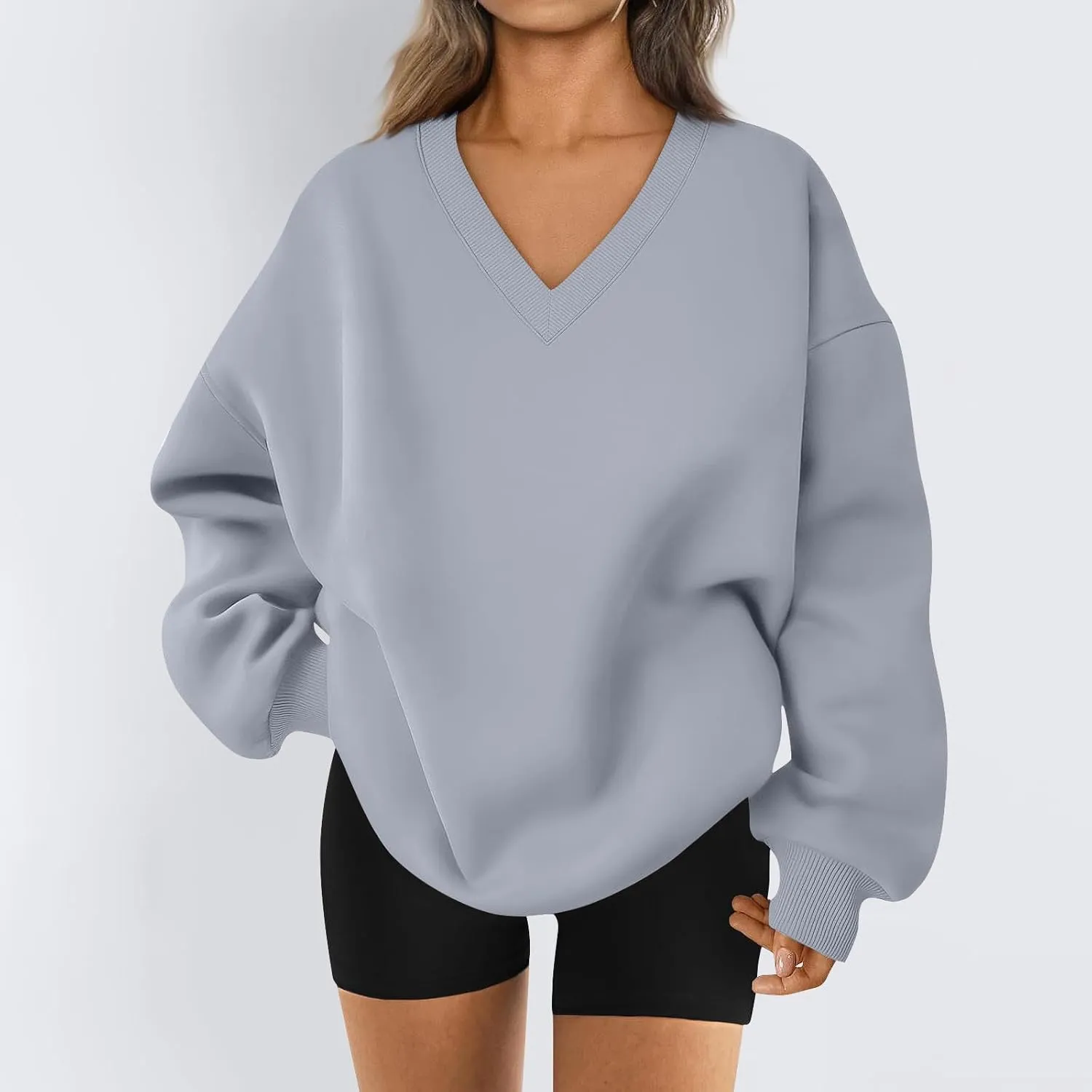 Oversized Sweatshirt For Women Plus Size V Neck Long Sleeve Drop Shoulder Pullover Hoodies Trendy Winter Clothes