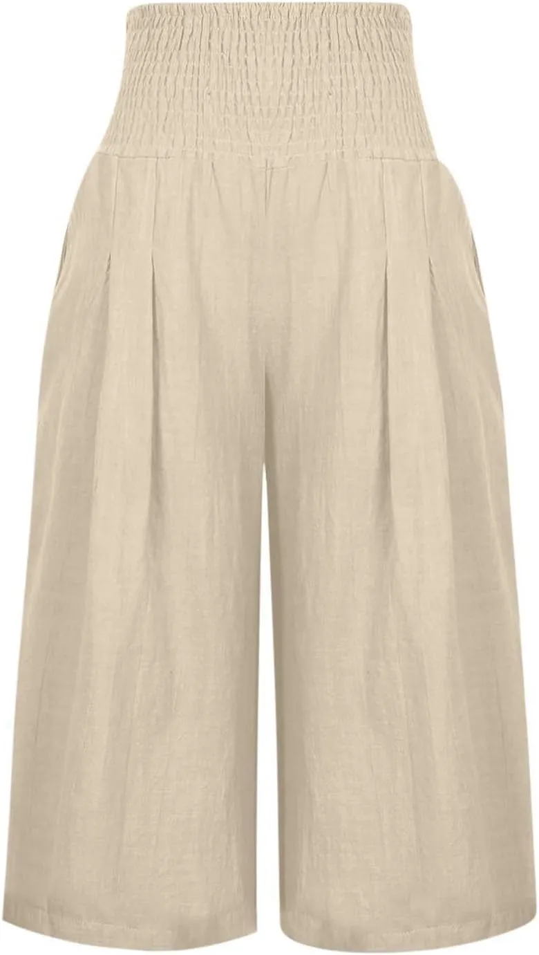 Palazzo Pants for Women Dressy Elastic High Waist Paperbag Pants Lightweight Flowy Casual Wide Leg Linen Pants
