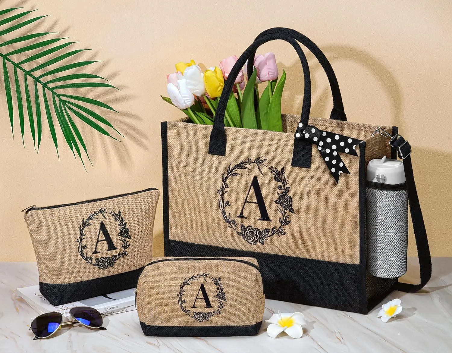 Personalized Gifts for Women Tote Bag, Initial Jute Tote Bag & Makeup Bags Monogrammed Beach Bag w/ Zipper, Birthday Gifts Mothers Day Gift for Mom Women Her Friend Sister Wife Grandma Teacher Nurse
