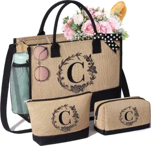 Personalized Gifts for Women Tote Bag, Initial Jute Tote Bag & Makeup Bags Monogrammed Beach Bag w/ Zipper, Birthday Gifts Mothers Day Gifts for Mom Women Her Friend Sister Wife Grandma Teacher Nurse