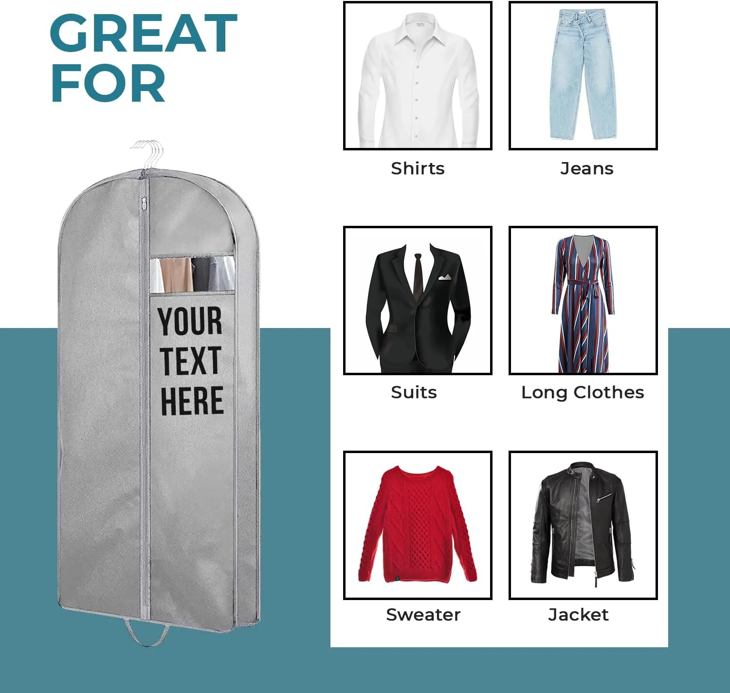Personalized Passion Garment Bags for Men & Women - Perfect Sized 43 Suit Cover for Travel and Storage - Custom Name Gusseted Travel Garment Hanging Bag for Suit Coat, Dresses, Shirts, Jackets