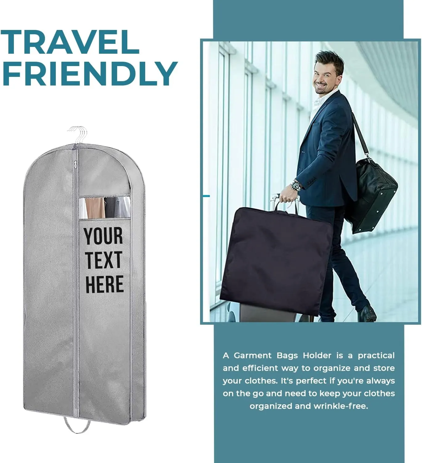 Personalized Passion Garment Bags for Men & Women - Perfect Sized 43 Suit Cover for Travel and Storage - Custom Name Gusseted Travel Garment Hanging Bag for Suit Coat, Dresses, Shirts, Jackets