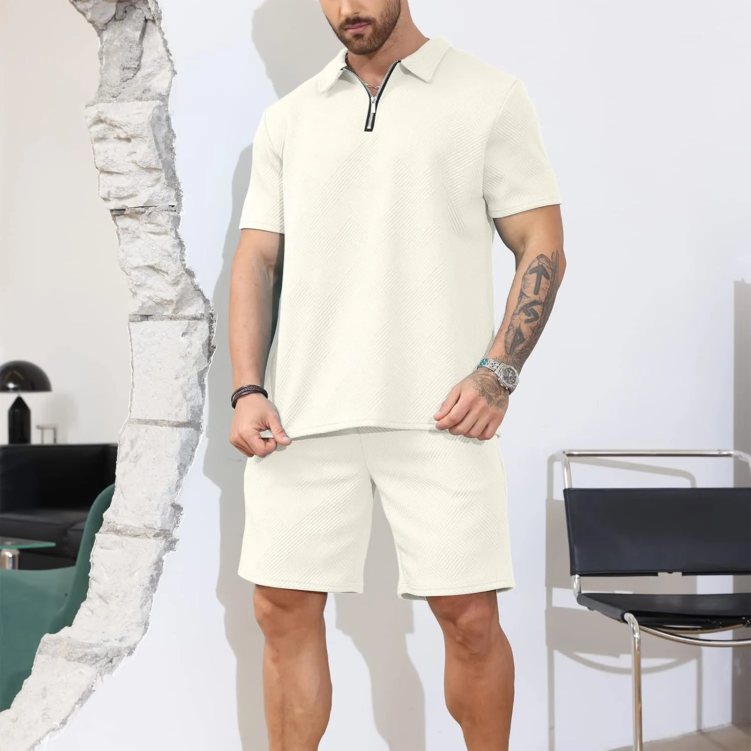 PICKLION Mens 2 Piece Zip Tracksuit Polo Shirt and Shorts Sets Short Sleeve Summer Casual Outfit