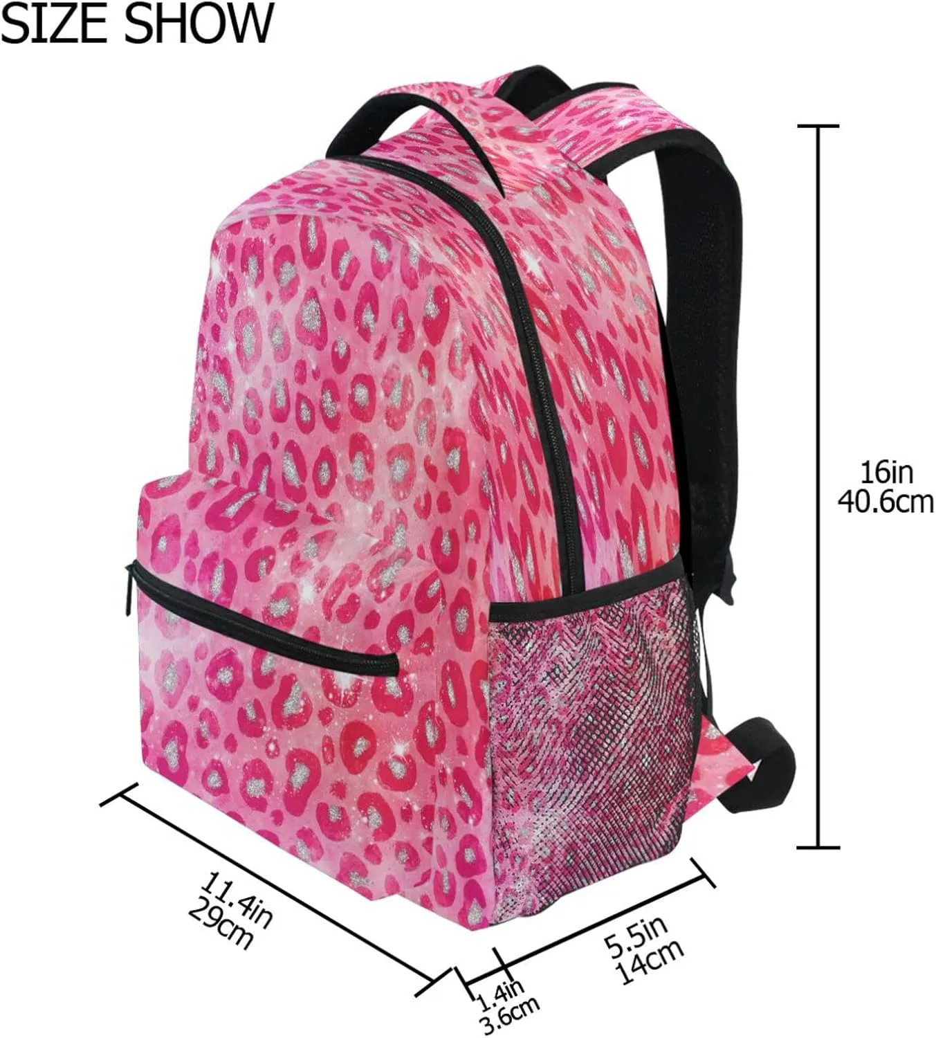 Pink Red Sparkling Leopard Kids Backpack Backpacks for Girls Silver Back Pack Casual Daypack 16 inch Laptop Bag Double Zipper Travel Sports Bags with Adjustable Shoulder Strap