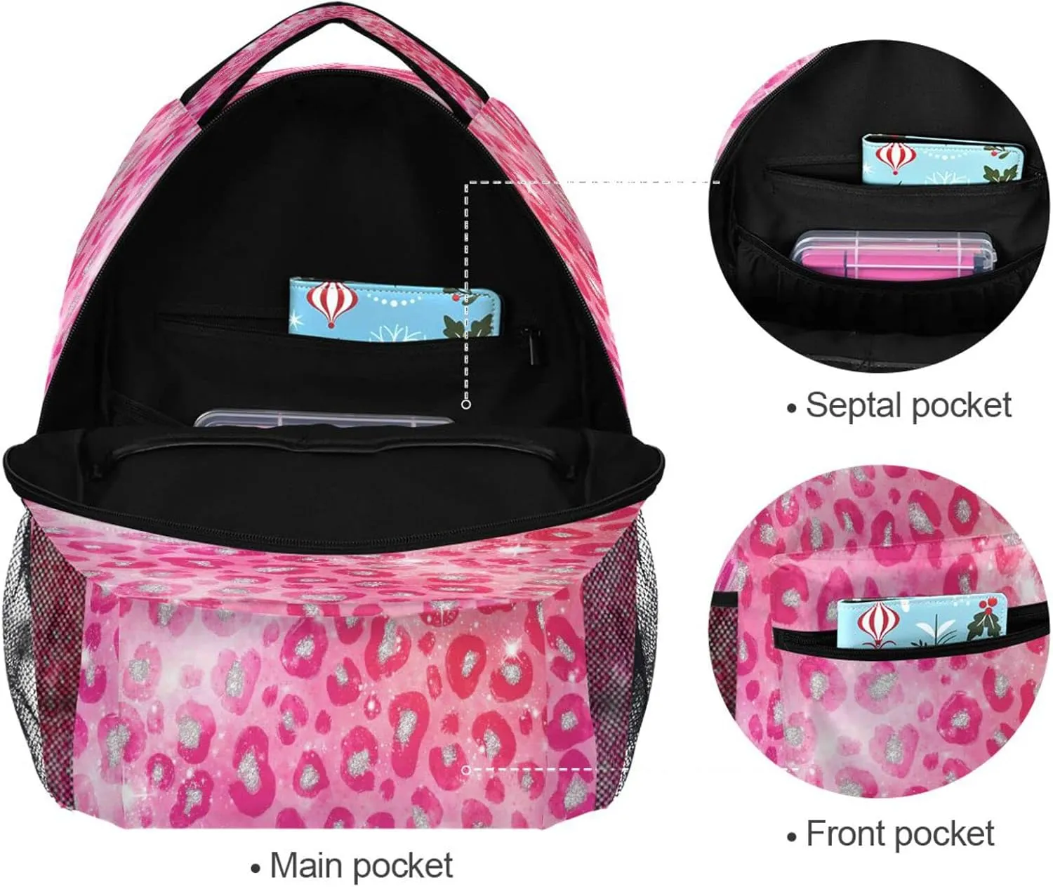 Pink Red Sparkling Leopard Kids Backpack Backpacks for Girls Silver Back Pack Casual Daypack 16 inch Laptop Bag Double Zipper Travel Sports Bags with Adjustable Shoulder Strap