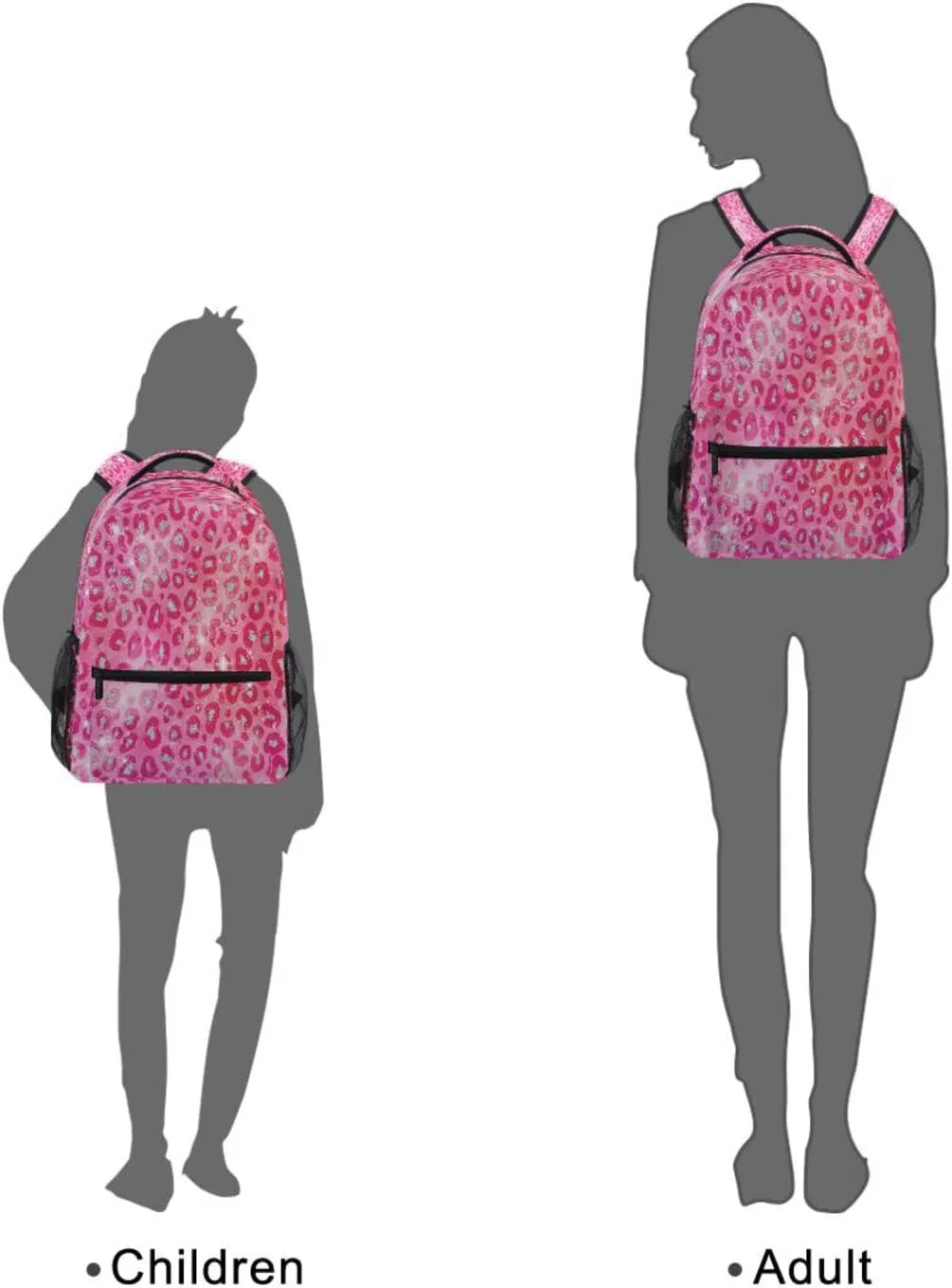 Pink Red Sparkling Leopard Kids Backpack Backpacks for Girls Silver Back Pack Casual Daypack 16 inch Laptop Bag Double Zipper Travel Sports Bags with Adjustable Shoulder Strap