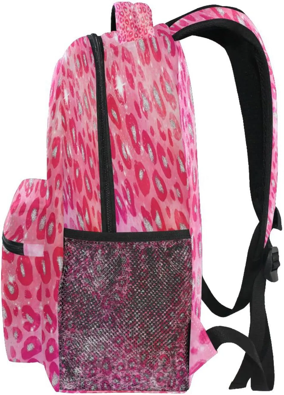 Pink Red Sparkling Leopard Kids Backpack Backpacks for Girls Silver Back Pack Casual Daypack 16 inch Laptop Bag Double Zipper Travel Sports Bags with Adjustable Shoulder Strap
