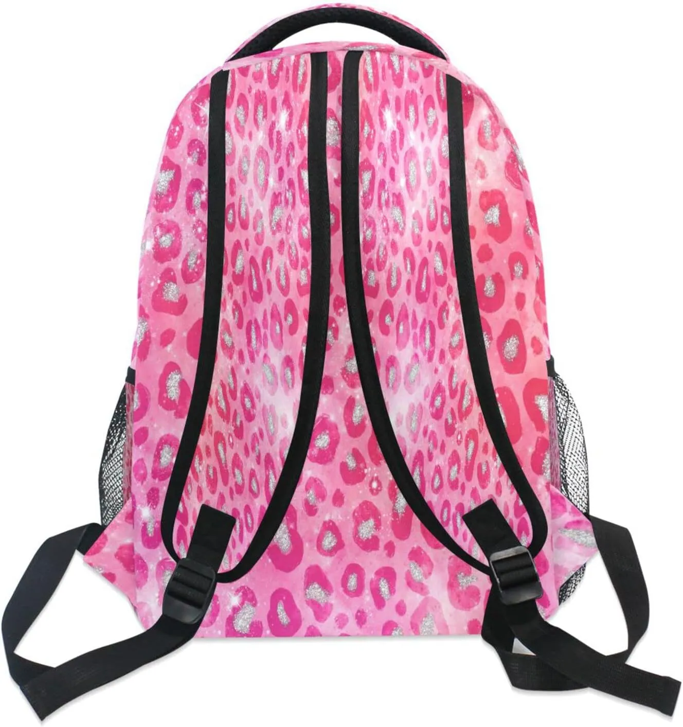 Pink Red Sparkling Leopard Kids Backpack Backpacks for Girls Silver Back Pack Casual Daypack 16 inch Laptop Bag Double Zipper Travel Sports Bags with Adjustable Shoulder Strap
