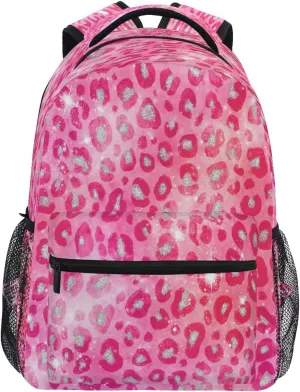 Pink Red Sparkling Leopard Kids Backpack Backpacks for Girls Silver Back Pack Casual Daypack 16 inch Laptop Bag Double Zipper Travel Sports Bags with Adjustable Shoulder Strap