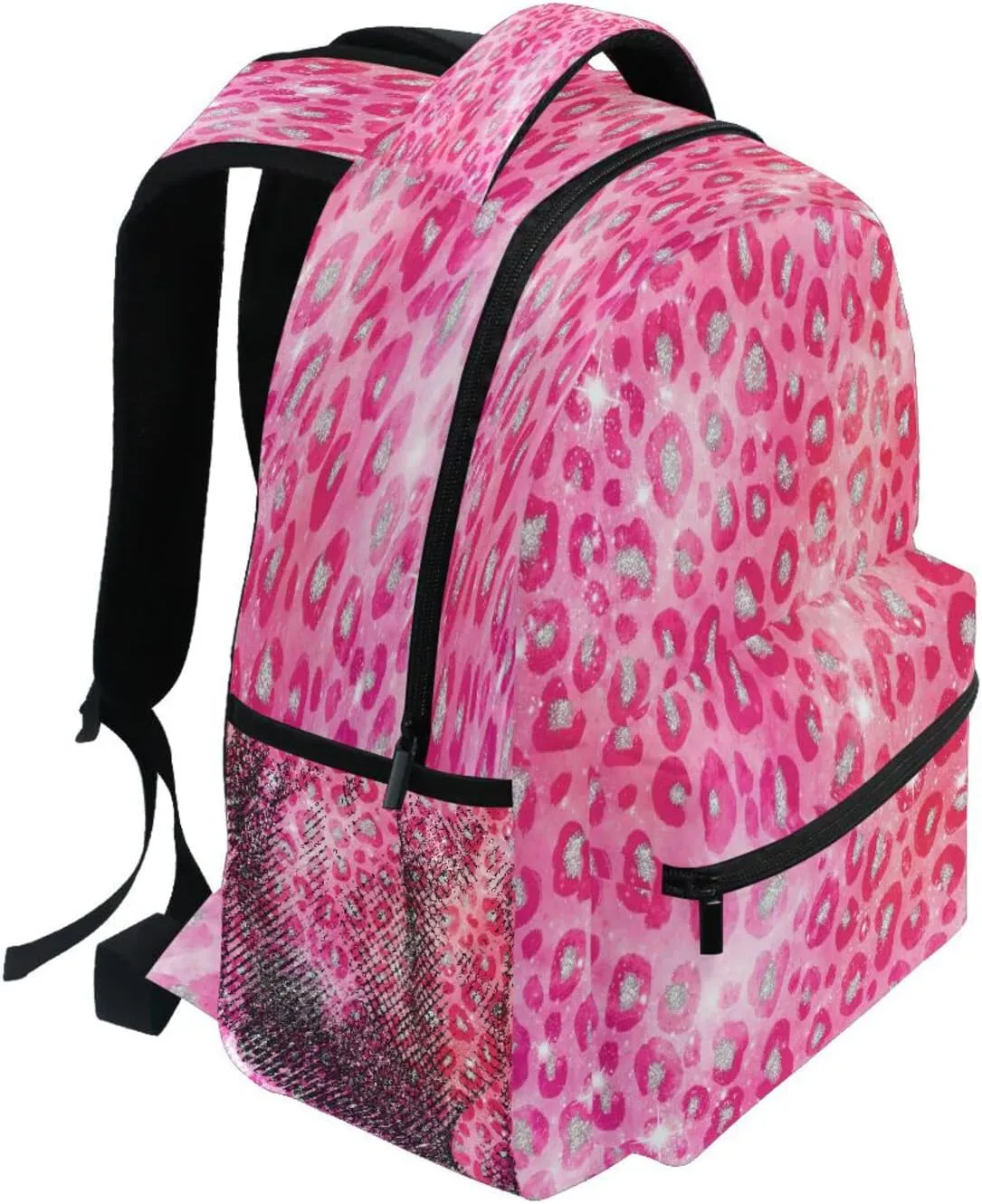 Pink Red Sparkling Leopard Kids Backpack Backpacks for Girls Silver Back Pack Casual Daypack 16 inch Laptop Bag Double Zipper Travel Sports Bags with Adjustable Shoulder Strap