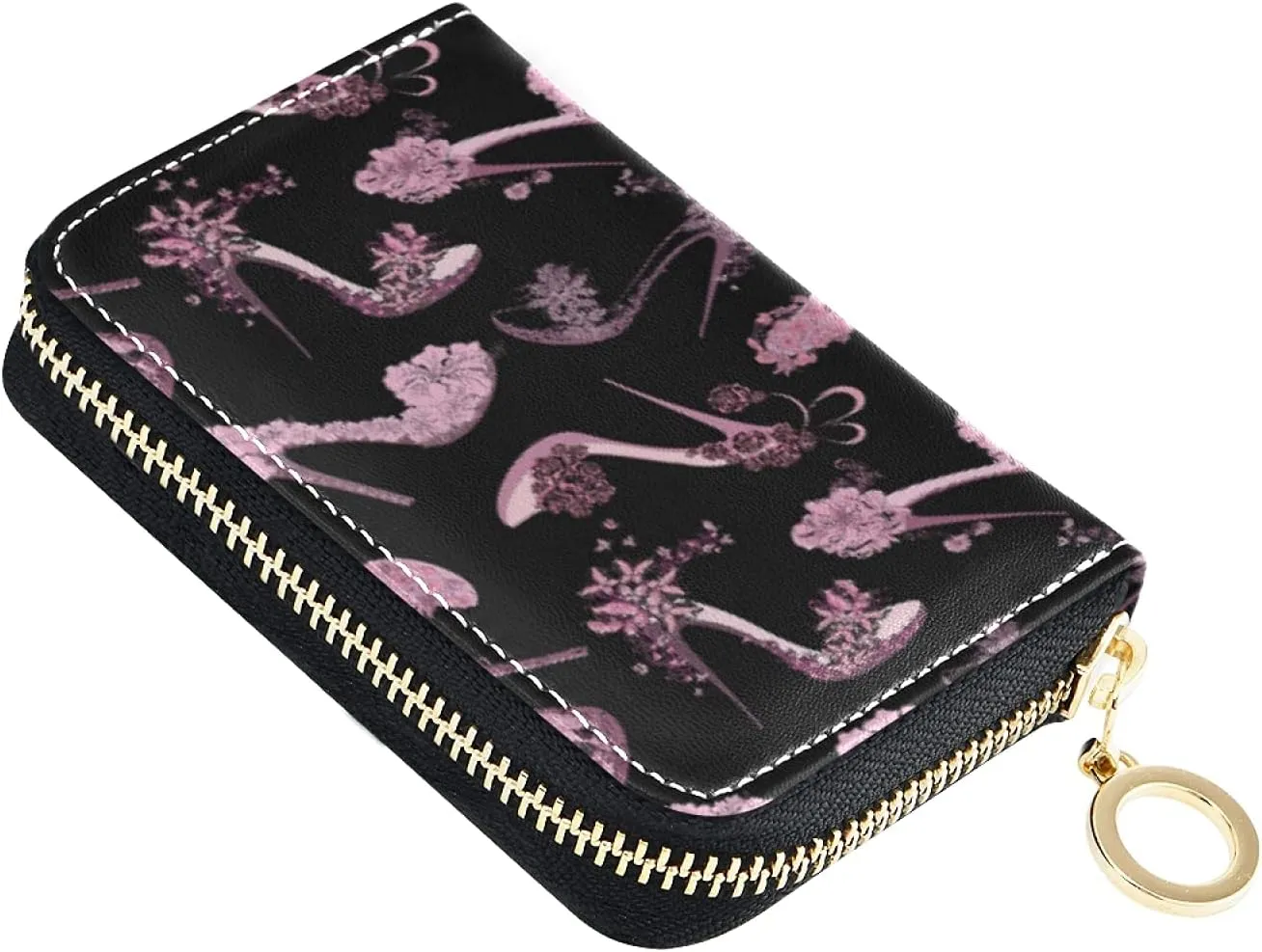 Pink Women Shoes High Heels Grey Credit Card Coin wallet, RFID Blocking Compact Women Leather Card Holder, Key Change Organizer, Zipper Purse Clutch Pouch Pocket