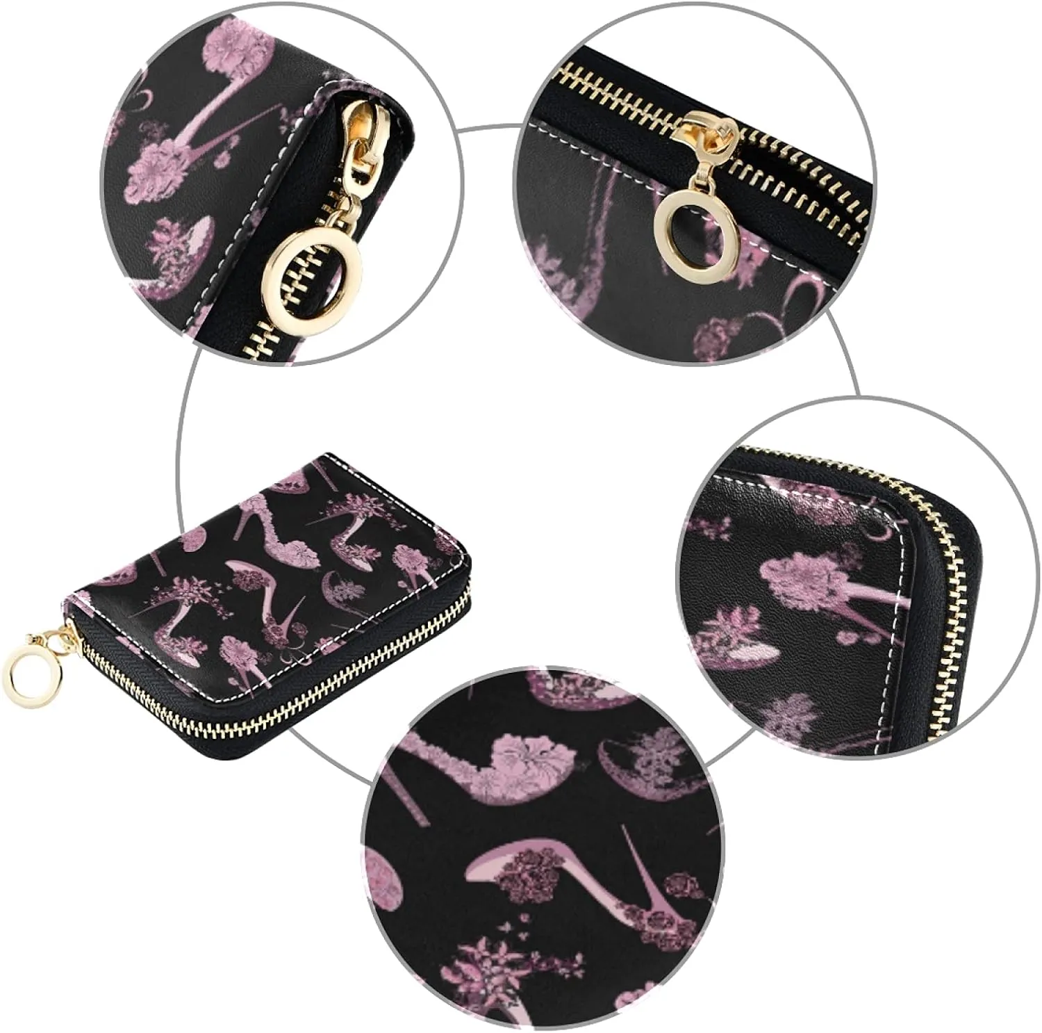 Pink Women Shoes High Heels Grey Credit Card Coin wallet, RFID Blocking Compact Women Leather Card Holder, Key Change Organizer, Zipper Purse Clutch Pouch Pocket