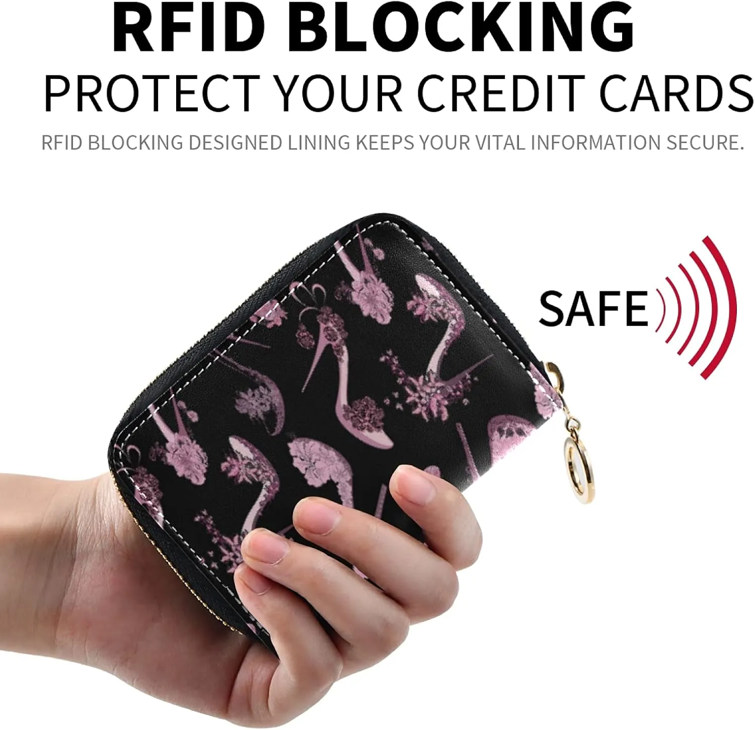 Pink Women Shoes High Heels Grey Credit Card Coin wallet, RFID Blocking Compact Women Leather Card Holder, Key Change Organizer, Zipper Purse Clutch Pouch Pocket