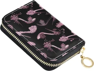 Pink Women Shoes High Heels Grey Credit Card Coin wallet, RFID Blocking Compact Women Leather Card Holder, Key Change Organizer, Zipper Purse Clutch Pouch Pocket