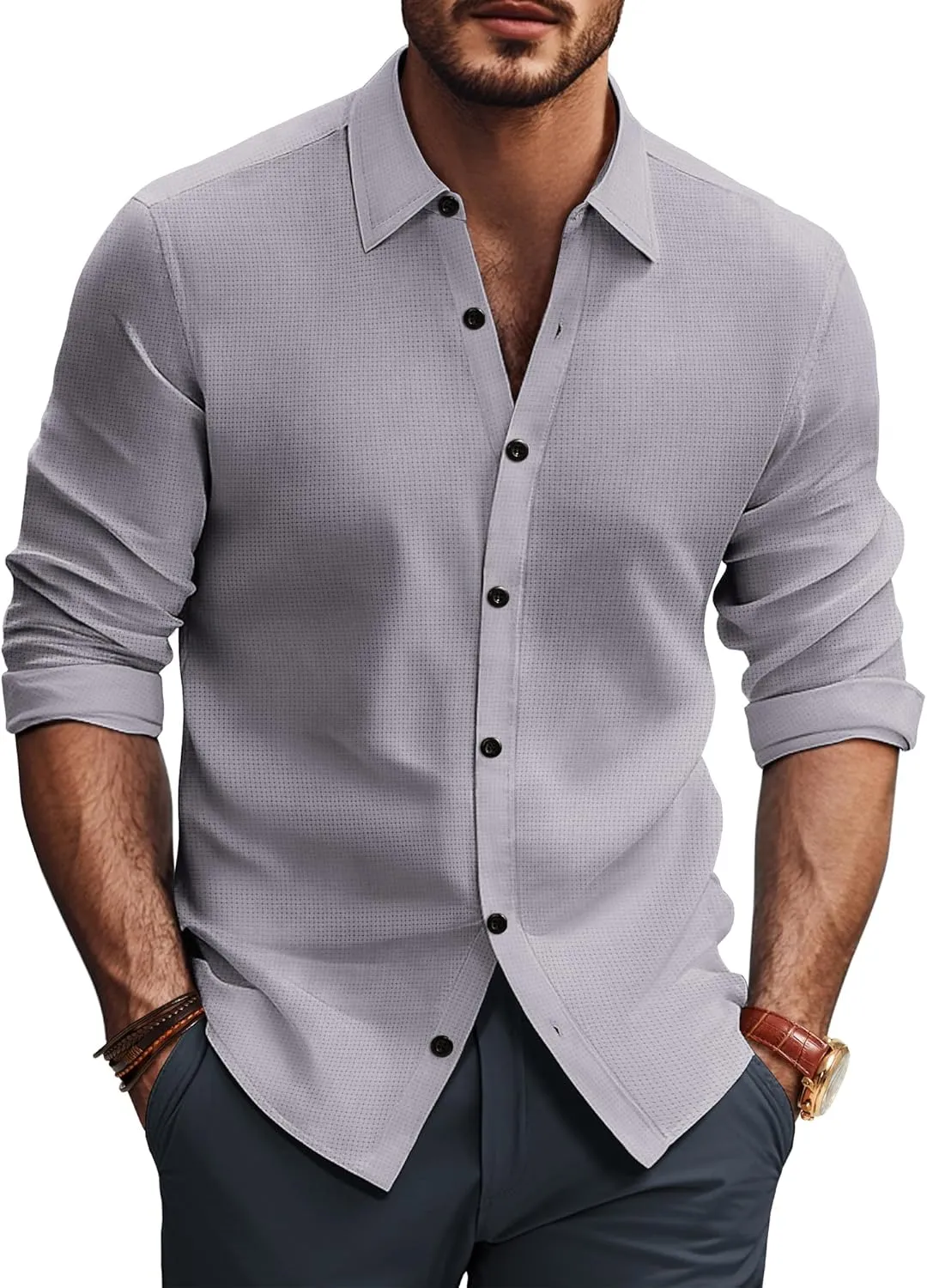 PJ PAUL JONES Mens Long Sleeve Button Down Shirts Wrinkle Free Stretch Untucked Dress Shirts Business Casual Shirt