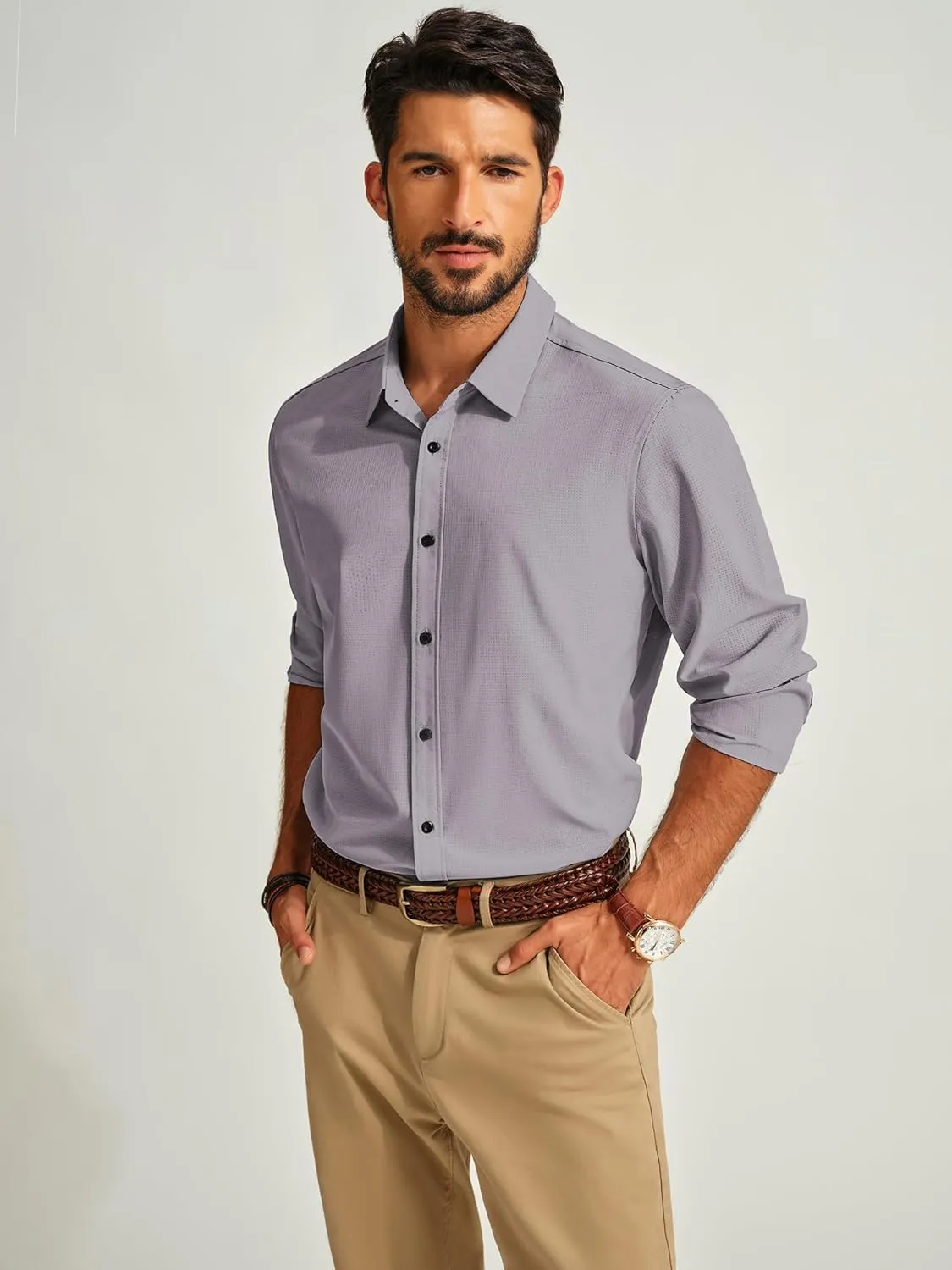 PJ PAUL JONES Mens Long Sleeve Button Down Shirts Wrinkle Free Stretch Untucked Dress Shirts Business Casual Shirt