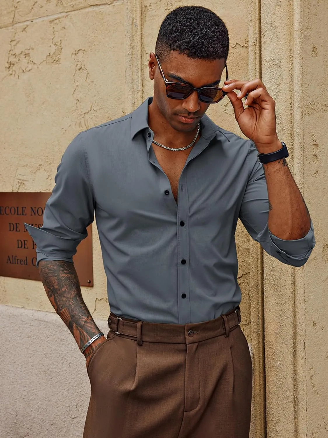 PJ PAUL JONES Mens Long Sleeve Button Down Shirts Wrinkle Free Stretch Untucked Dress Shirts Business Casual Shirt