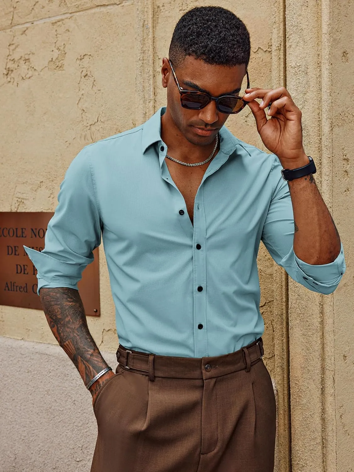 PJ PAUL JONES Mens Long Sleeve Button Down Shirts Wrinkle Free Stretch Untucked Dress Shirts Business Casual Shirt