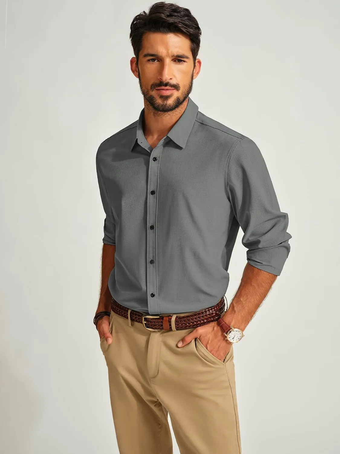 PJ PAUL JONES Mens Long Sleeve Button Down Shirts Wrinkle Free Stretch Untucked Dress Shirts Business Casual Shirt
