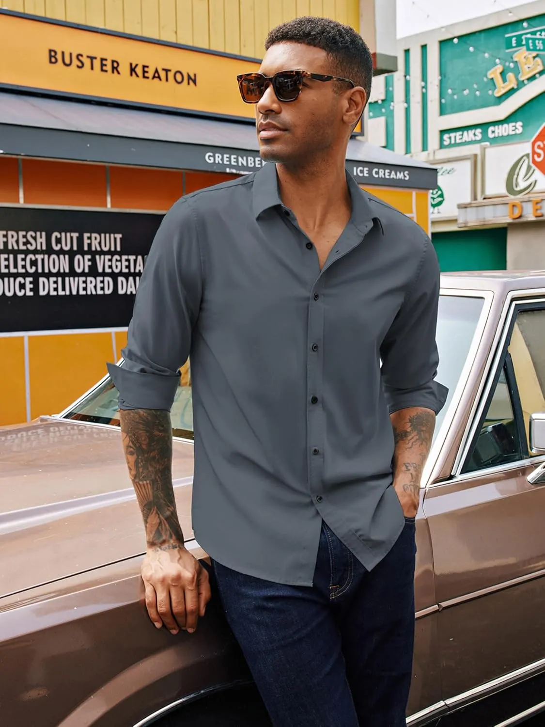 PJ PAUL JONES Mens Long Sleeve Button Down Shirts Wrinkle Free Stretch Untucked Dress Shirts Business Casual Shirt