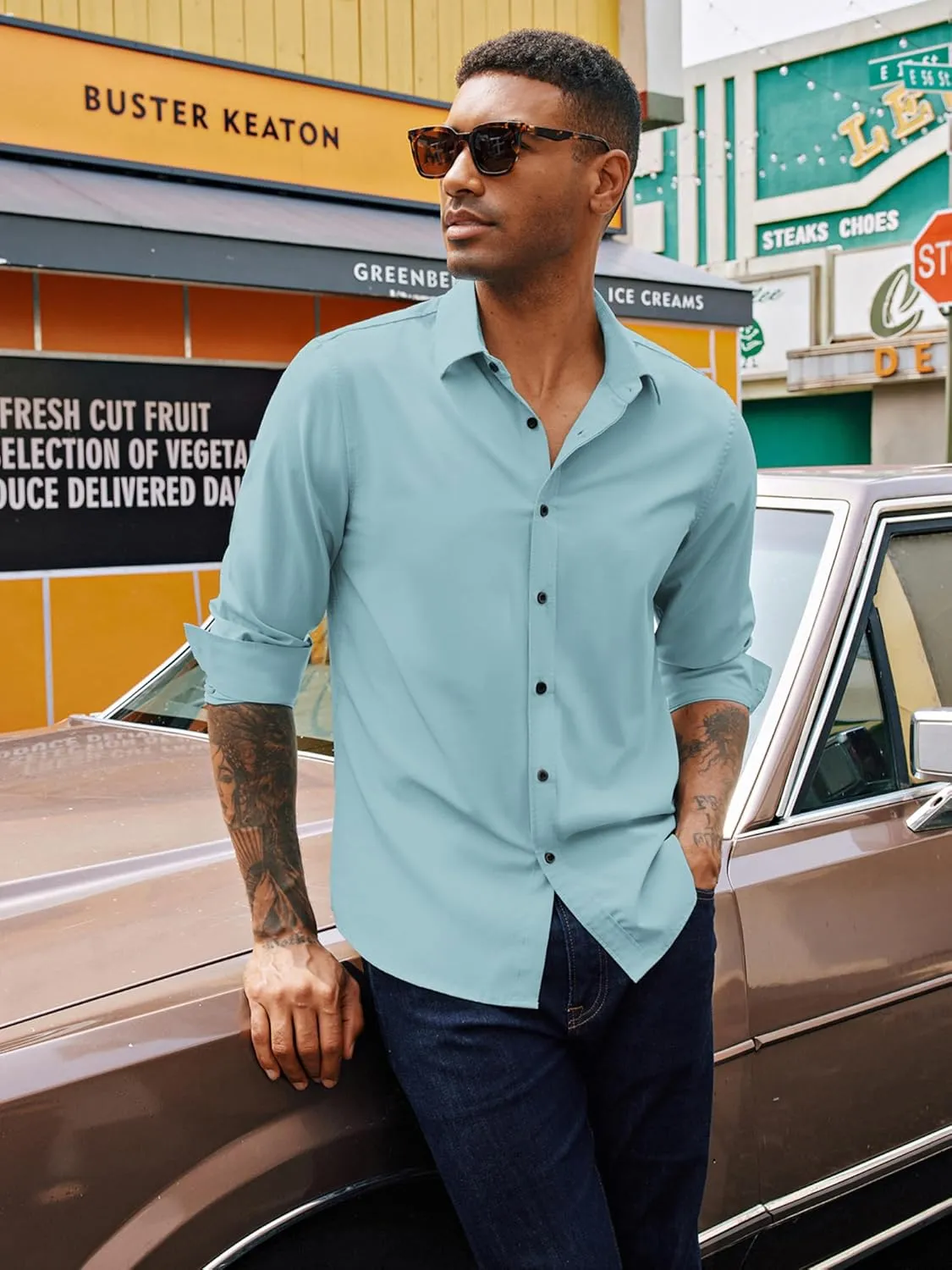 PJ PAUL JONES Mens Long Sleeve Button Down Shirts Wrinkle Free Stretch Untucked Dress Shirts Business Casual Shirt