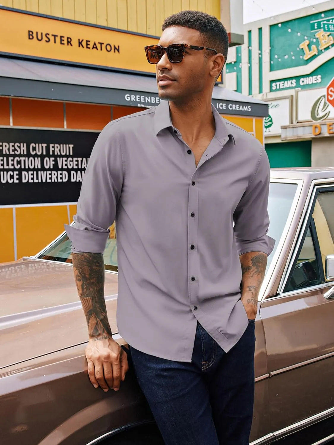 PJ PAUL JONES Mens Long Sleeve Button Down Shirts Wrinkle Free Stretch Untucked Dress Shirts Business Casual Shirt