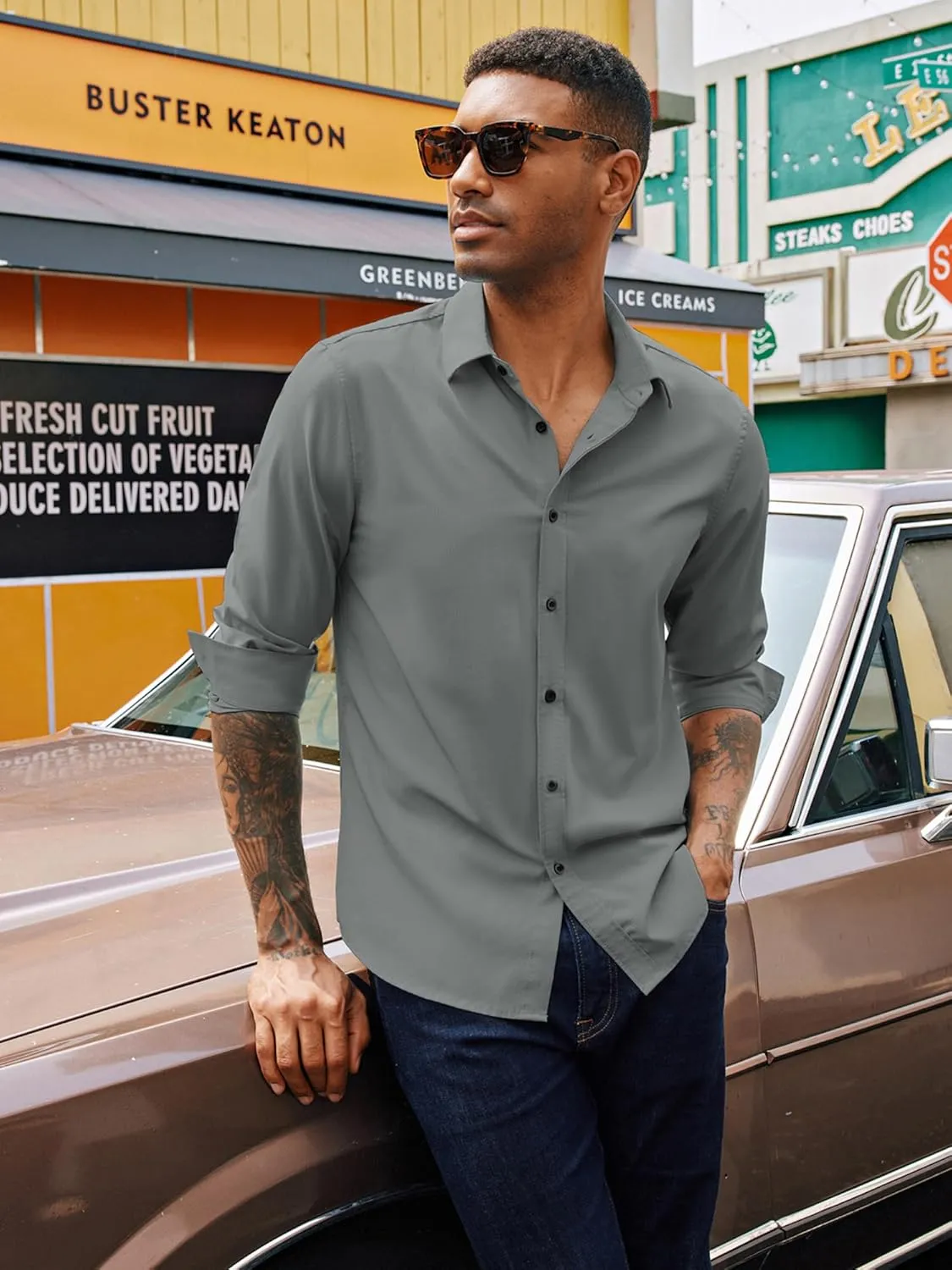 PJ PAUL JONES Mens Long Sleeve Button Down Shirts Wrinkle Free Stretch Untucked Dress Shirts Business Casual Shirt