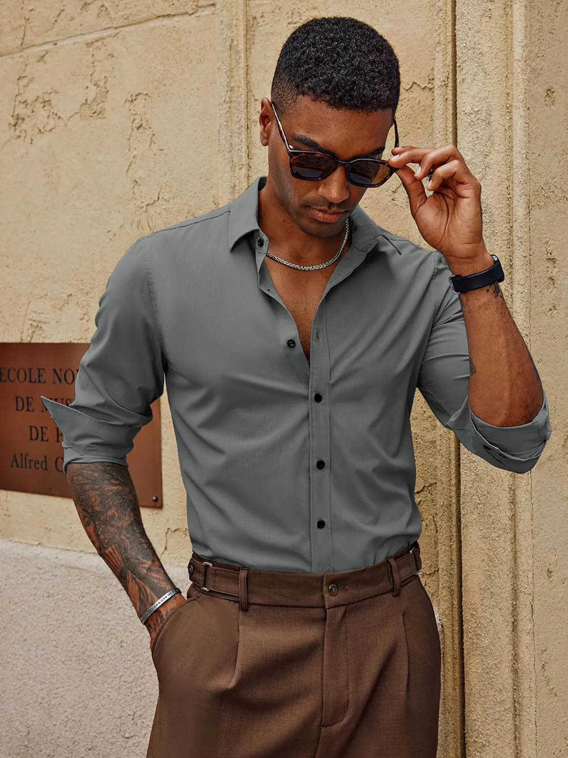 PJ PAUL JONES Mens Long Sleeve Button Down Shirts Wrinkle Free Stretch Untucked Dress Shirts Business Casual Shirt
