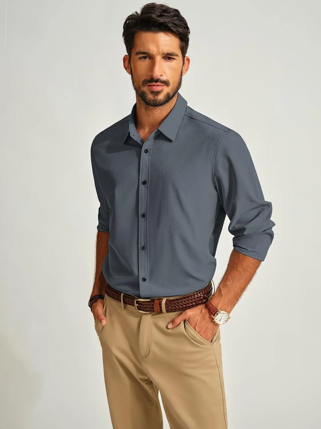 PJ PAUL JONES Mens Long Sleeve Button Down Shirts Wrinkle Free Stretch Untucked Dress Shirts Business Casual Shirt