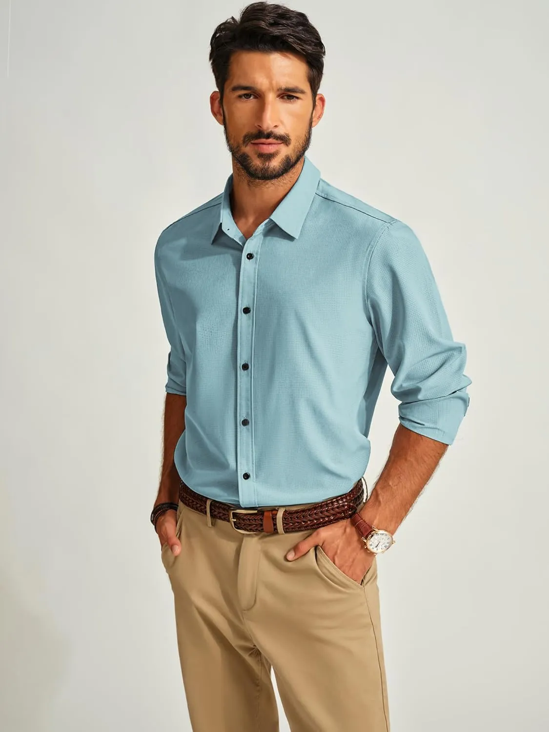 PJ PAUL JONES Mens Long Sleeve Button Down Shirts Wrinkle Free Stretch Untucked Dress Shirts Business Casual Shirt