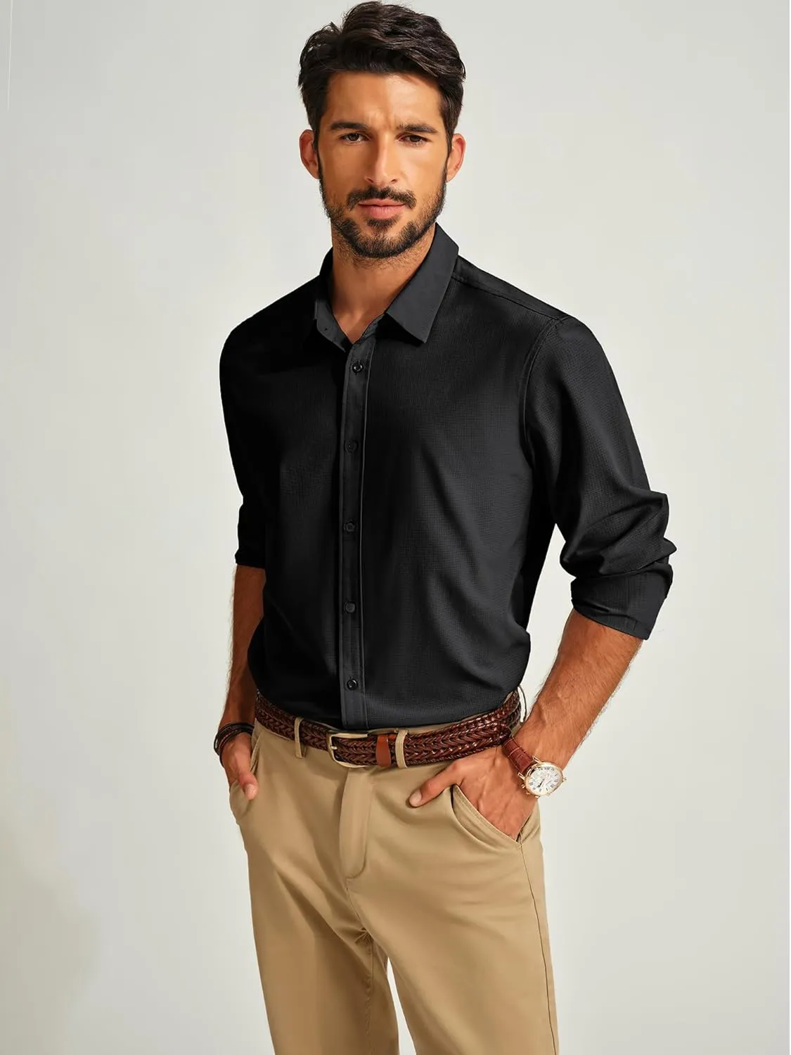 PJ PAUL JONES Mens Long Sleeve Button Down Shirts Wrinkle Free Stretch Untucked Dress Shirts Business Casual Shirt