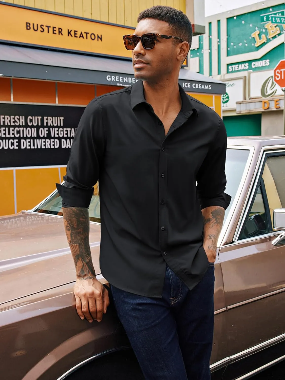 PJ PAUL JONES Mens Long Sleeve Button Down Shirts Wrinkle Free Stretch Untucked Dress Shirts Business Casual Shirt