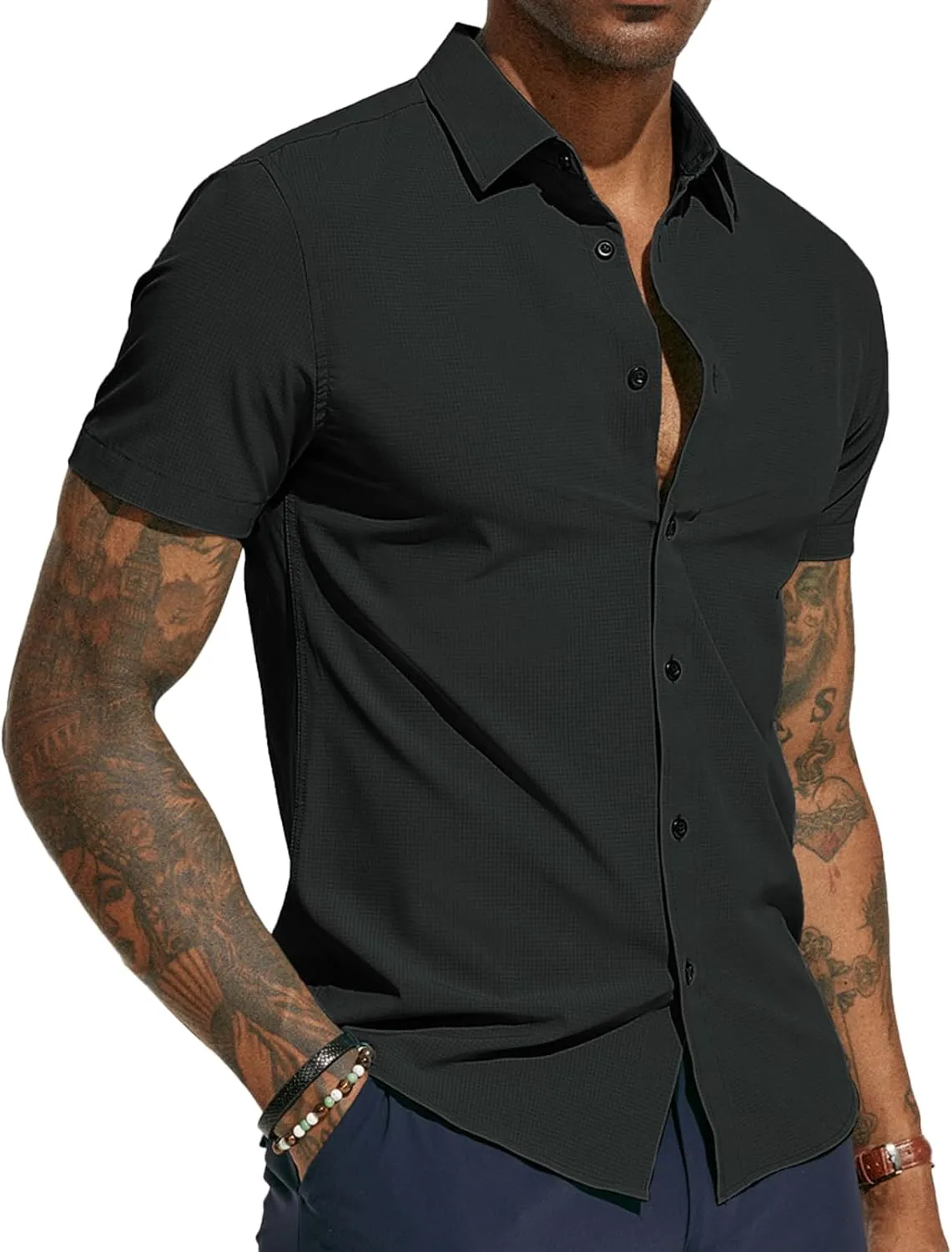 PJ PAUL JONES Mens Short Sleeve Button Down Shirts Wrinkle Free Stretch Dress Shirts for Men Casual Formal Shirt