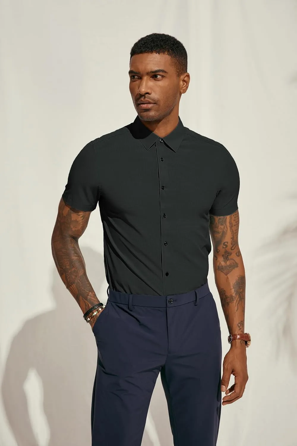 PJ PAUL JONES Mens Short Sleeve Button Down Shirts Wrinkle Free Stretch Dress Shirts for Men Casual Formal Shirt