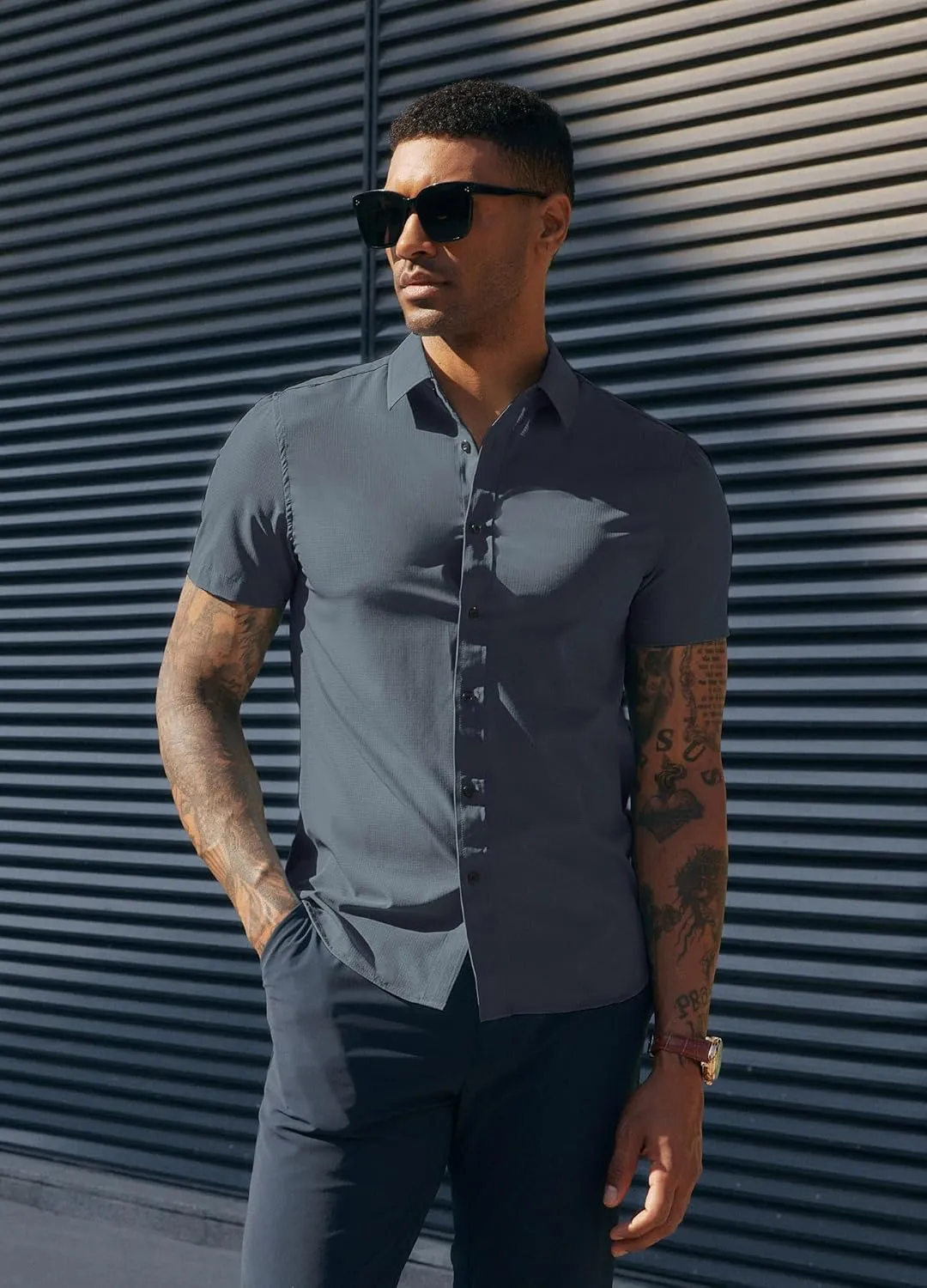 PJ PAUL JONES Mens Short Sleeve Button Down Shirts Wrinkle Free Stretch Dress Shirts for Men Casual Formal Shirt