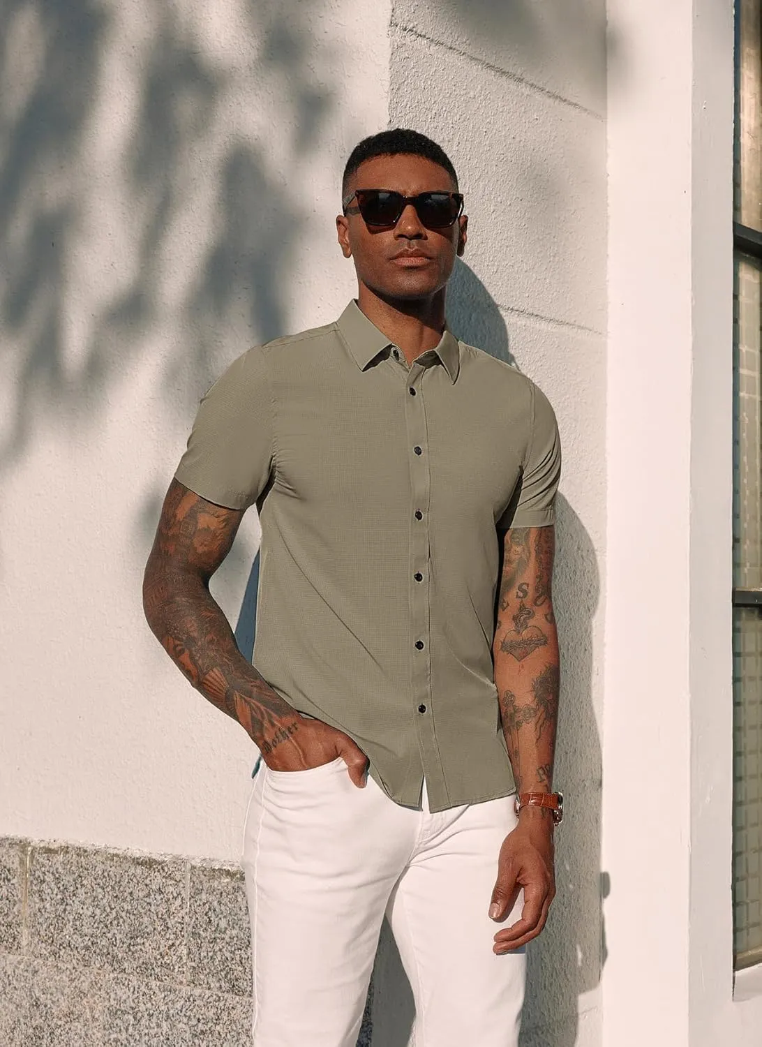 PJ PAUL JONES Mens Short Sleeve Button Down Shirts Wrinkle Free Stretch Dress Shirts for Men Casual Formal Shirt