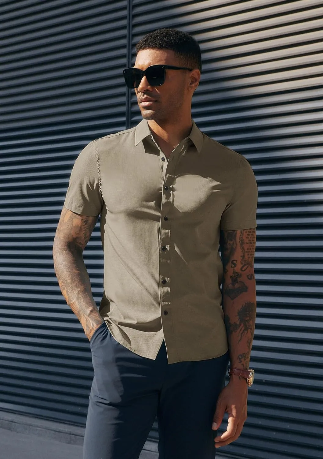PJ PAUL JONES Mens Short Sleeve Button Down Shirts Wrinkle Free Stretch Dress Shirts for Men Casual Formal Shirt