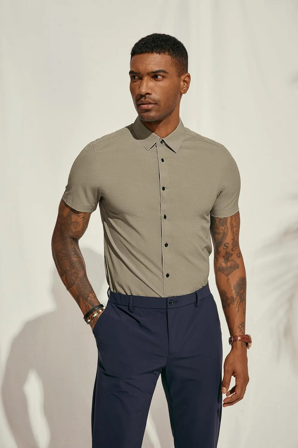 PJ PAUL JONES Mens Short Sleeve Button Down Shirts Wrinkle Free Stretch Dress Shirts for Men Casual Formal Shirt