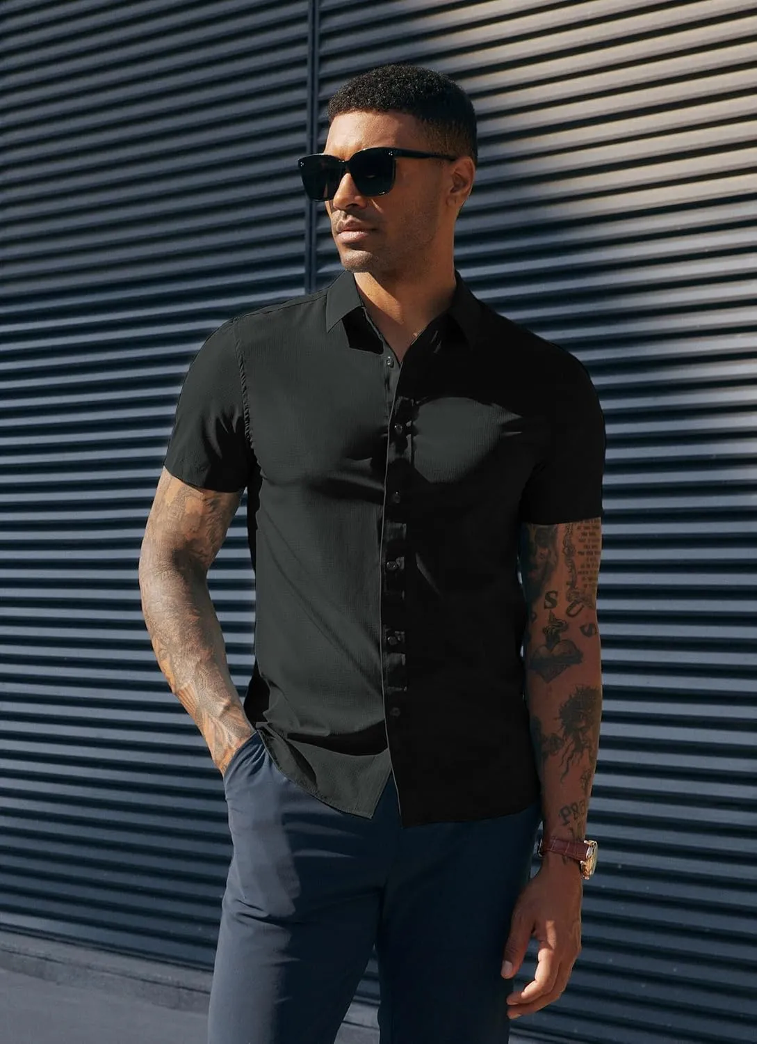 PJ PAUL JONES Mens Short Sleeve Button Down Shirts Wrinkle Free Stretch Dress Shirts for Men Casual Formal Shirt