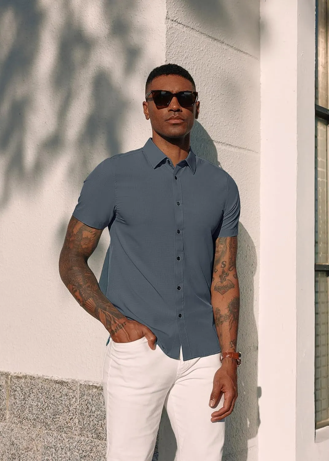 PJ PAUL JONES Mens Short Sleeve Button Down Shirts Wrinkle Free Stretch Dress Shirts for Men Casual Formal Shirt
