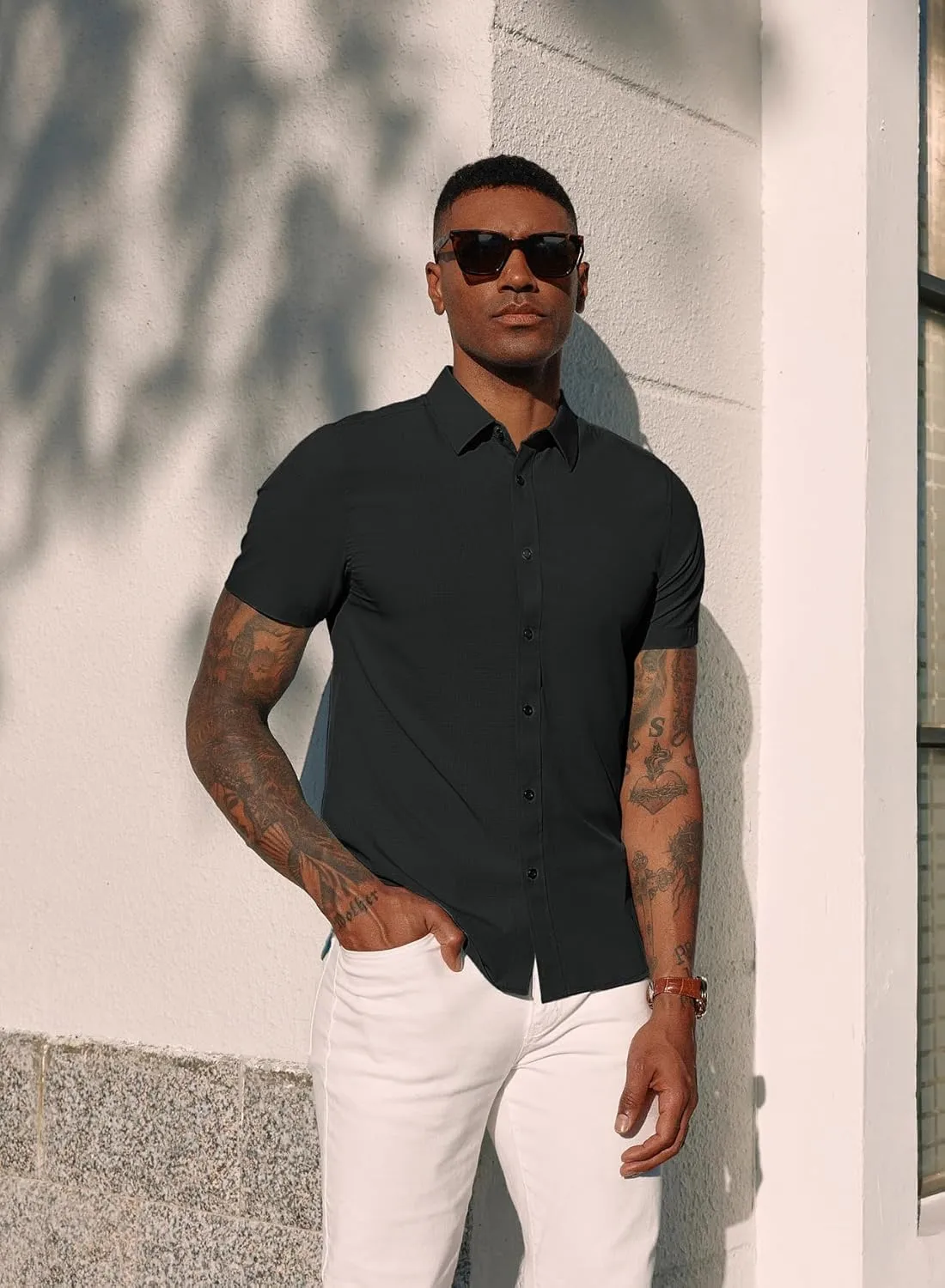 PJ PAUL JONES Mens Short Sleeve Button Down Shirts Wrinkle Free Stretch Dress Shirts for Men Casual Formal Shirt