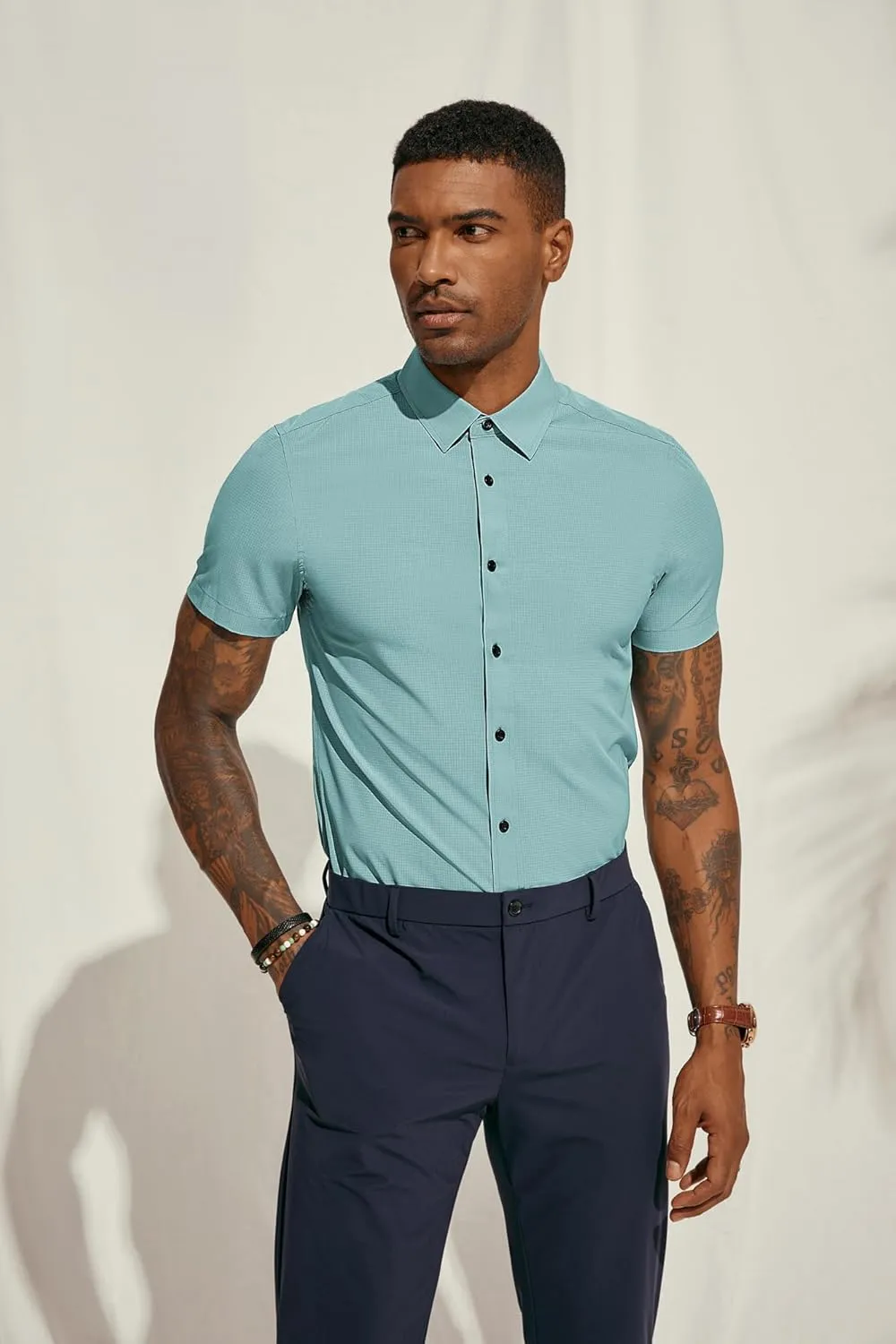 PJ PAUL JONES Mens Short Sleeve Button Down Shirts Wrinkle Free Stretch Dress Shirts for Men Casual Formal Shirt