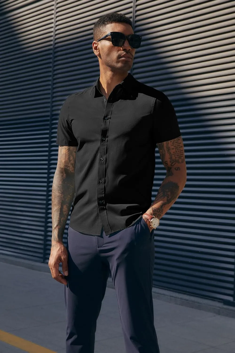 PJ PAUL JONES Mens Short Sleeve Button Down Shirts Wrinkle Free Stretch Dress Shirts for Men Casual Formal Shirt