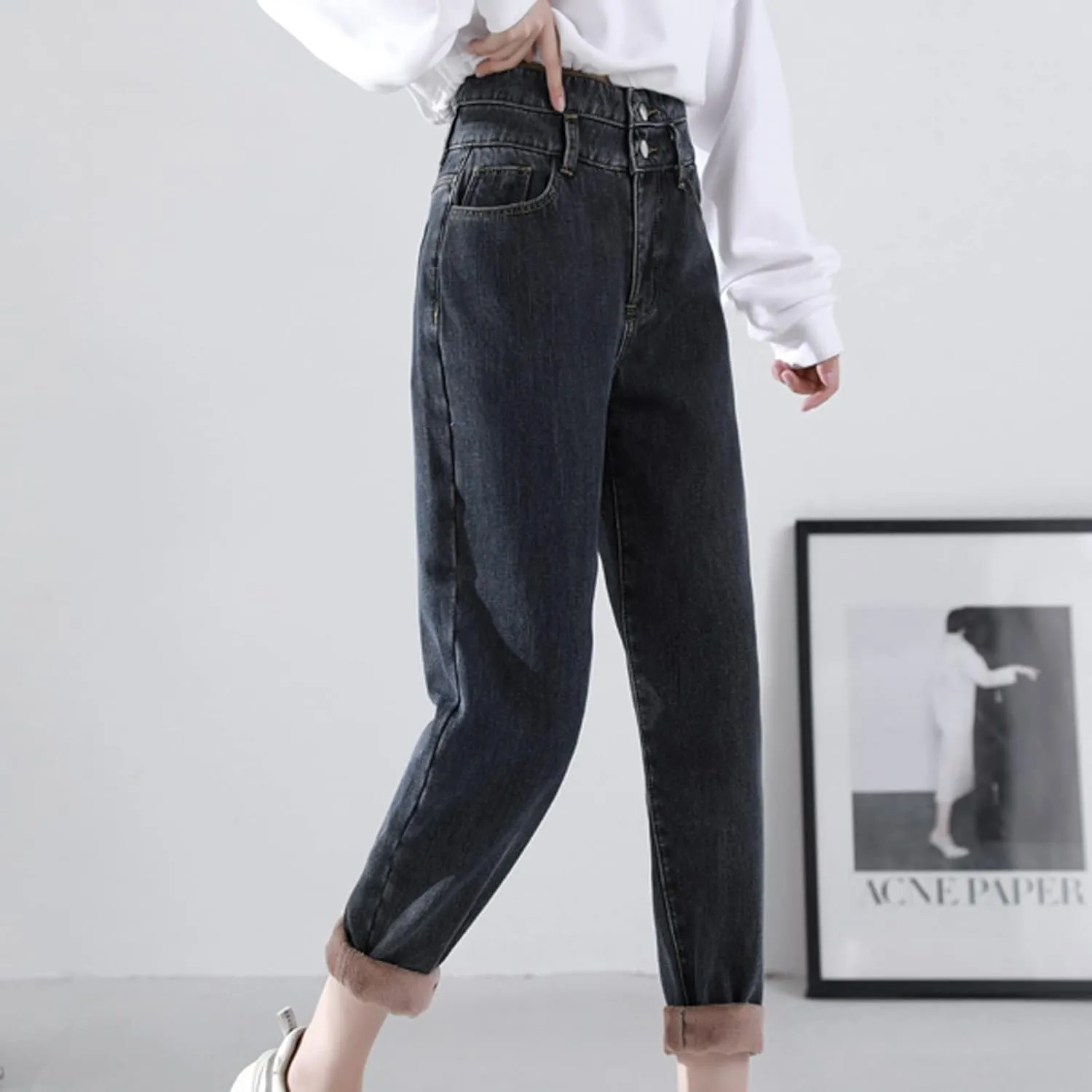 Plush Warm Loose Thickened Jeans Haren Pants Straight High Waist Women's Women's Jeans Jean Jumpsuits Women Pants