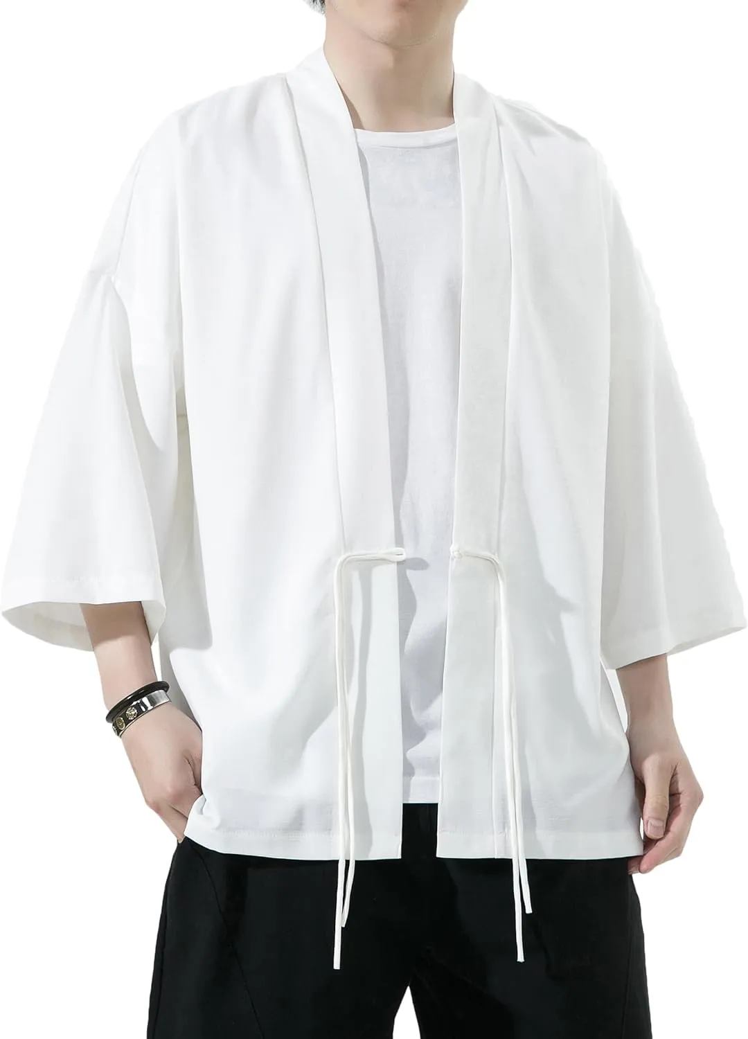 PRIJOUHE Men's Kimono Jackets Cardigan Casual Cotton Blends Linen Seven Sleeve Open Front Embroidery Coat