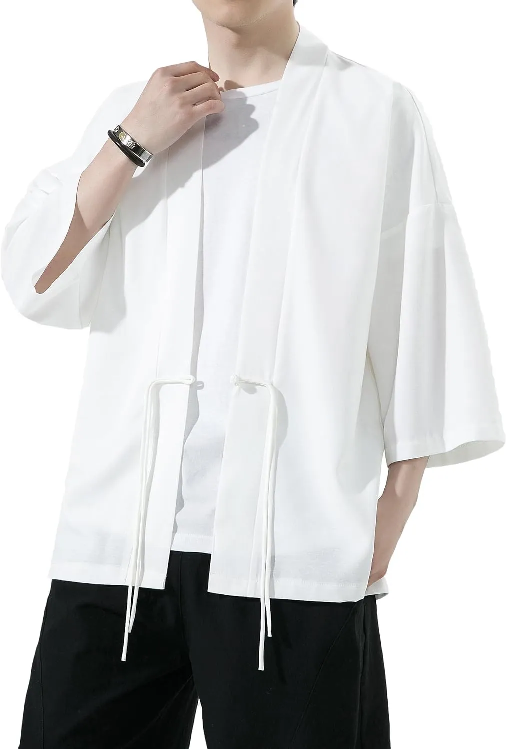 PRIJOUHE Men's Kimono Jackets Cardigan Casual Cotton Blends Linen Seven Sleeve Open Front Embroidery Coat