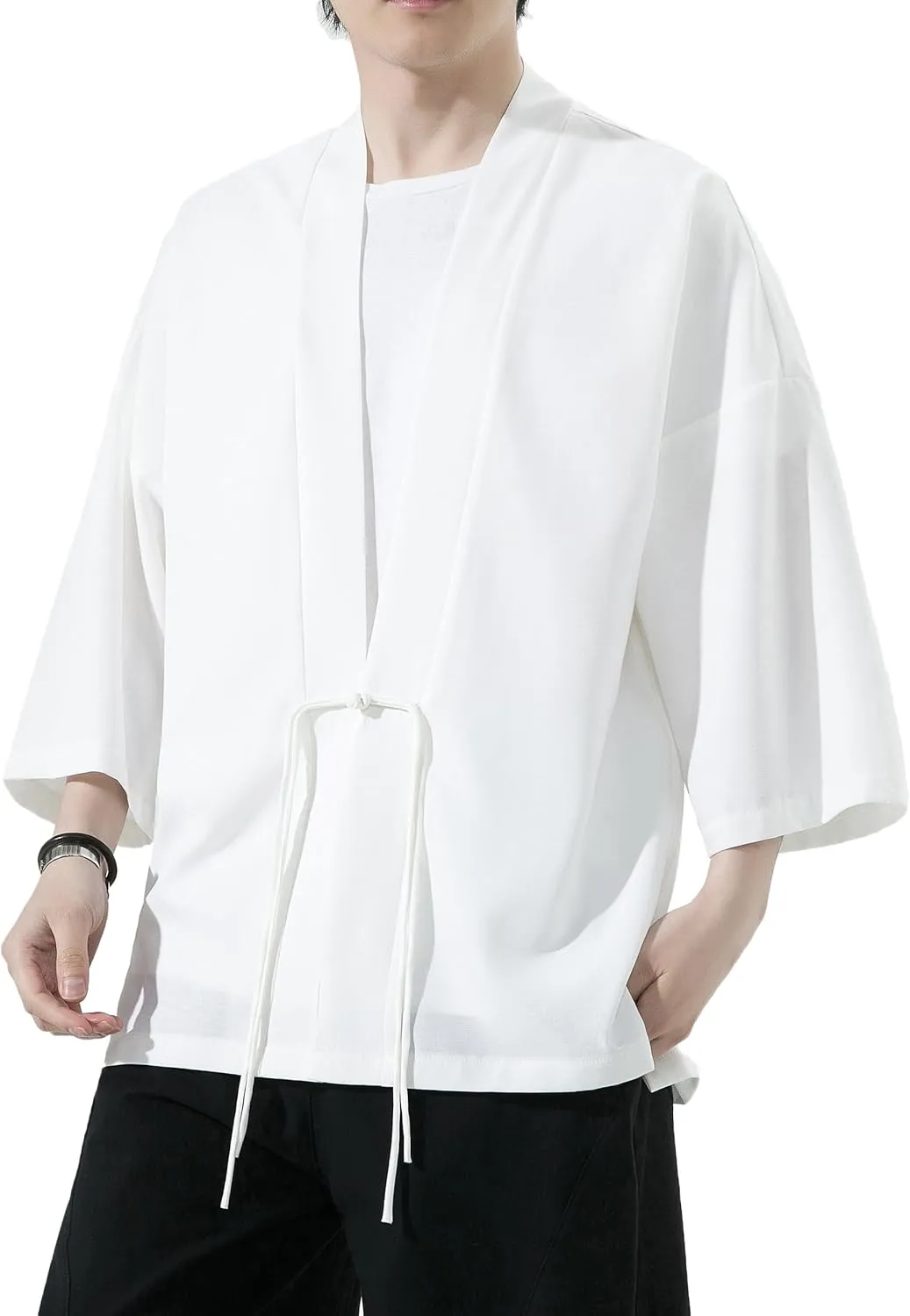 PRIJOUHE Men's Kimono Jackets Cardigan Casual Cotton Blends Linen Seven Sleeve Open Front Embroidery Coat