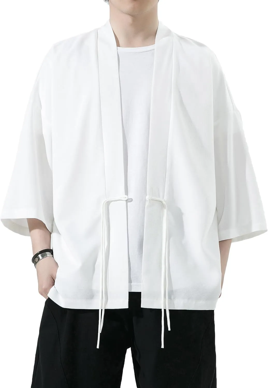 PRIJOUHE Men's Kimono Jackets Cardigan Casual Cotton Blends Linen Seven Sleeve Open Front Embroidery Coat