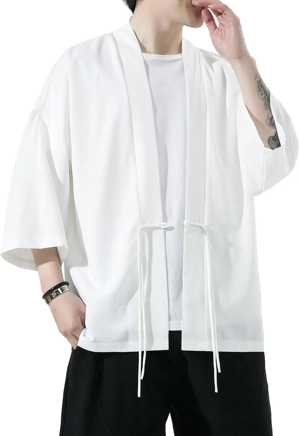 PRIJOUHE Men's Kimono Jackets Cardigan Casual Cotton Blends Linen Seven Sleeve Open Front Embroidery Coat